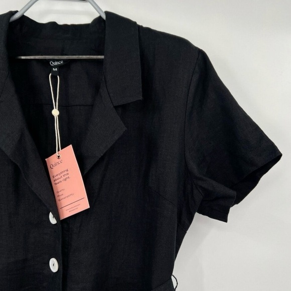Quince Women's Black Linen Button Front Dress sz M Midi A-Line Belt Short Sleeve - Picture 4 of 5